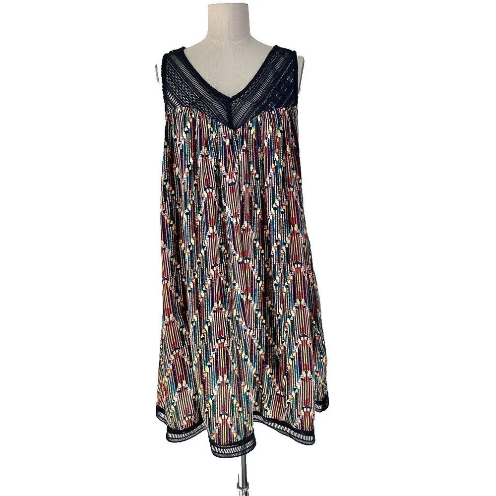 Molly Bracken Dress Abstract Print Sleeveles Lattice Lace Details Size S NEW